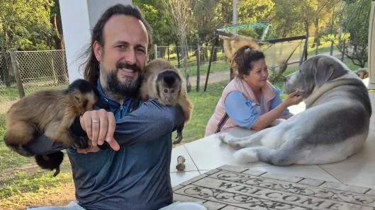 Kapuzineräffchen auf der Schulter eines Mitarbeiters, daneben ein Hund